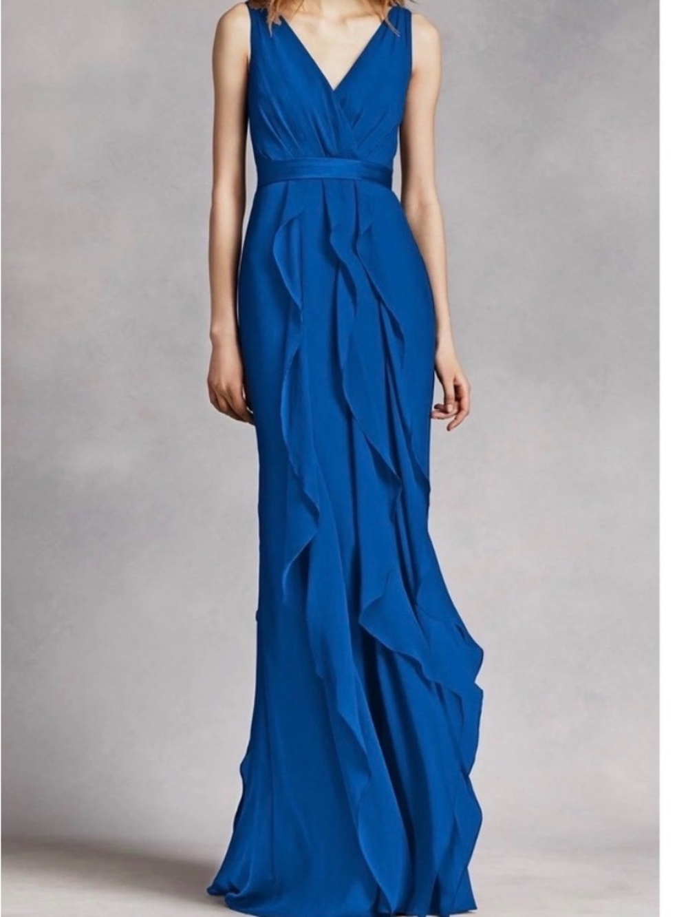 White by Vera Wang Royal Blue Ruffle V-Neck Maxi Gown Dress Size 10